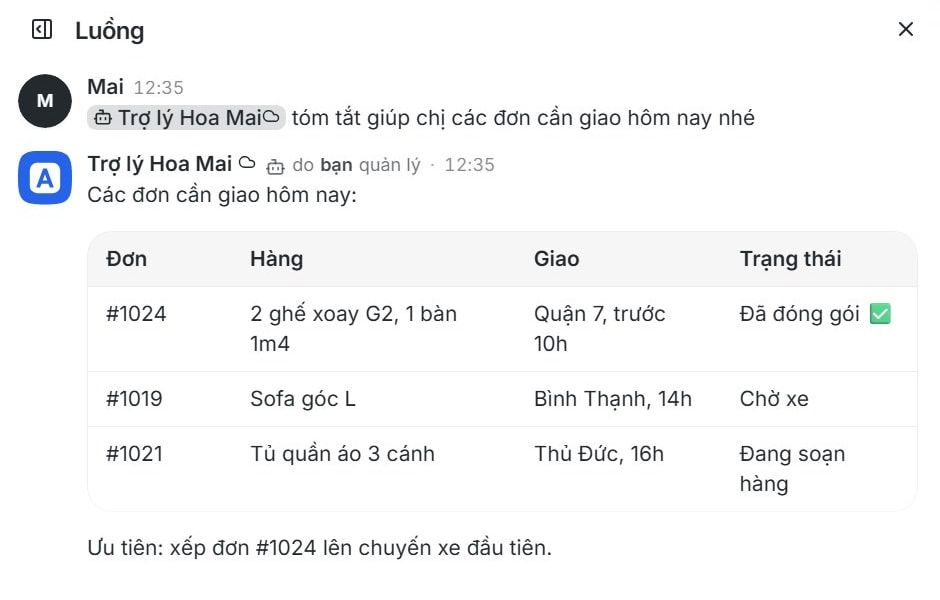 Kênh kho: chủ cửa hàng nhờ trợ lý AI tóm tắt các đơn cần giao, trợ lý trả về bảng đơn hàng và trạng thái từng đơn.