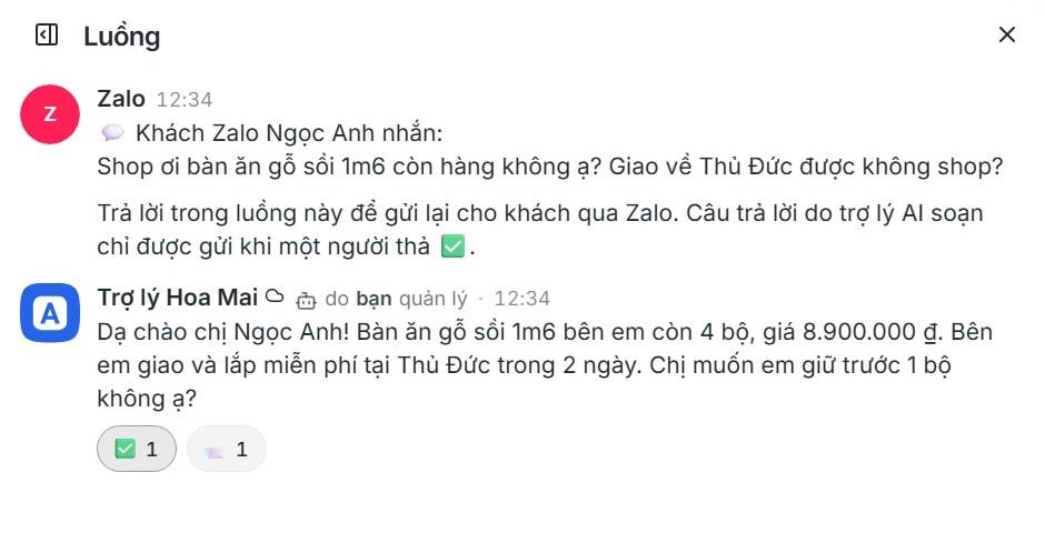Kênh zalo-khach-hang: khách hỏi về bàn ăn gỗ sồi, trợ lý AI soạn câu trả lời và nhân viên đã duyệt để gửi.